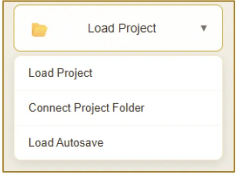 Load Project dropdown showing Load Project, Connect Project Folder, and Load Autosave options